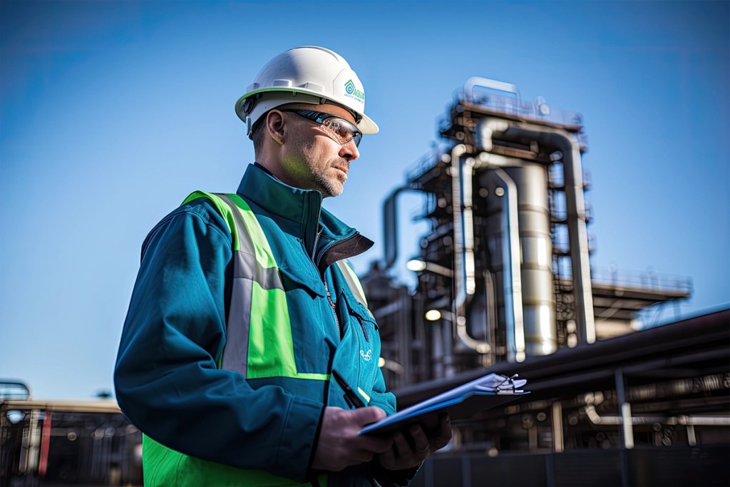 An Aqua Safety Showers site inspector, wearing a hardhat and high visibility jacket and holding a clipboard.