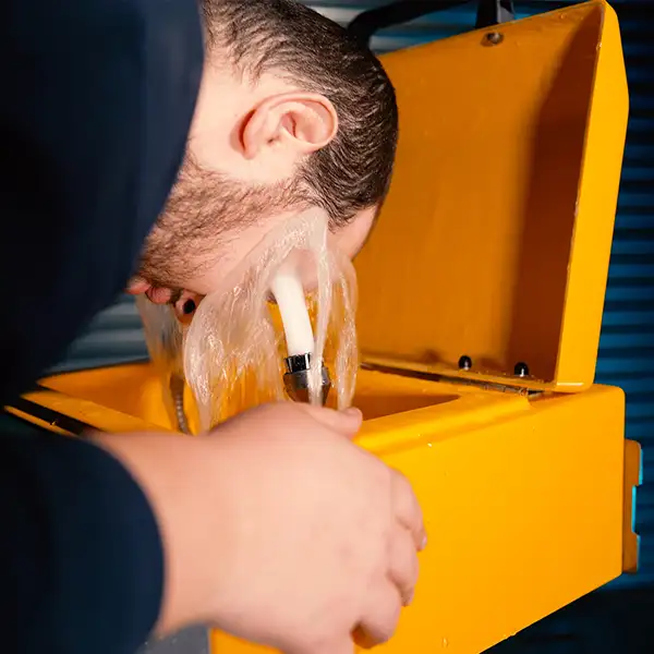 A worker is bent over an activated yellow eye wash station, with streams of water flushing over their eyes for emergency decontamination.